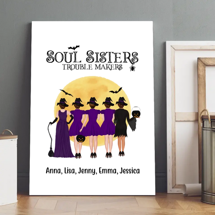 Personalized Canvas, Up To 5 Girls, Soul Sisters Trouble Makers - Halloween Gift, Gift For Sister, Best Friends