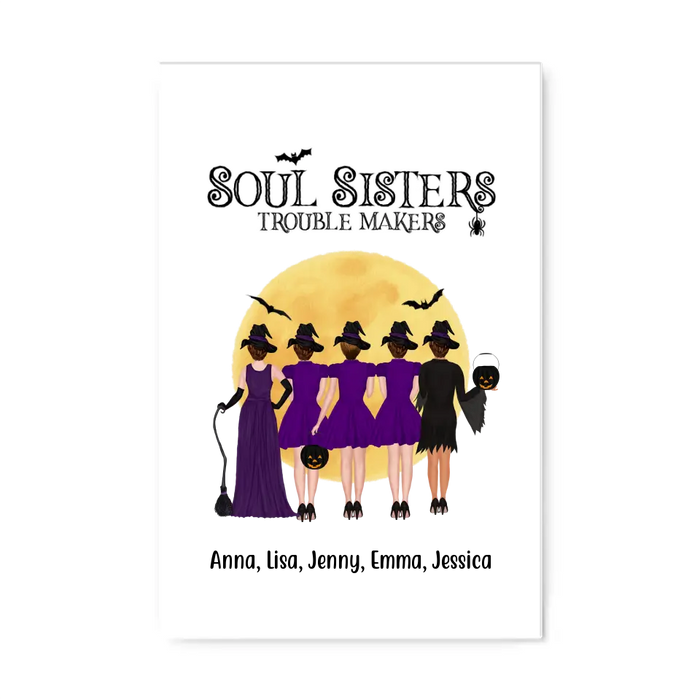 Personalized Canvas, Up To 5 Girls, Soul Sisters Trouble Makers - Halloween Gift, Gift For Sister, Best Friends