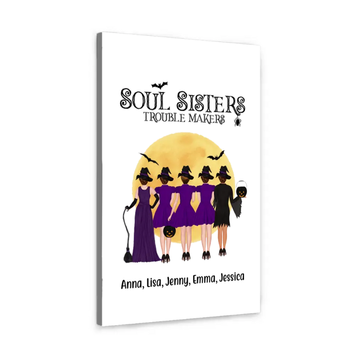 Personalized Canvas, Up To 5 Girls, Soul Sisters Trouble Makers - Halloween Gift, Gift For Sister, Best Friends