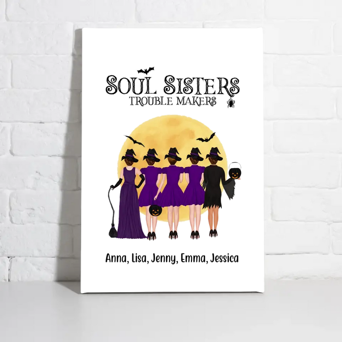 Personalized Canvas, Up To 5 Girls, Soul Sisters Trouble Makers - Halloween Gift, Gift For Sister, Best Friends