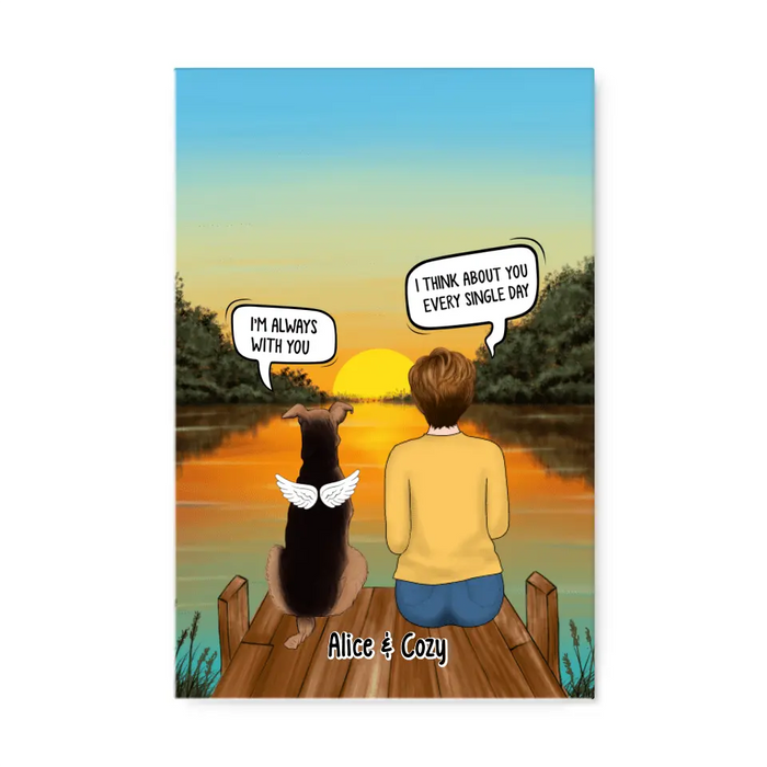 Personalized Canvas, Woman and Dogs Conversation, I Still Talk About You, Memorial Gift for Dog Lover