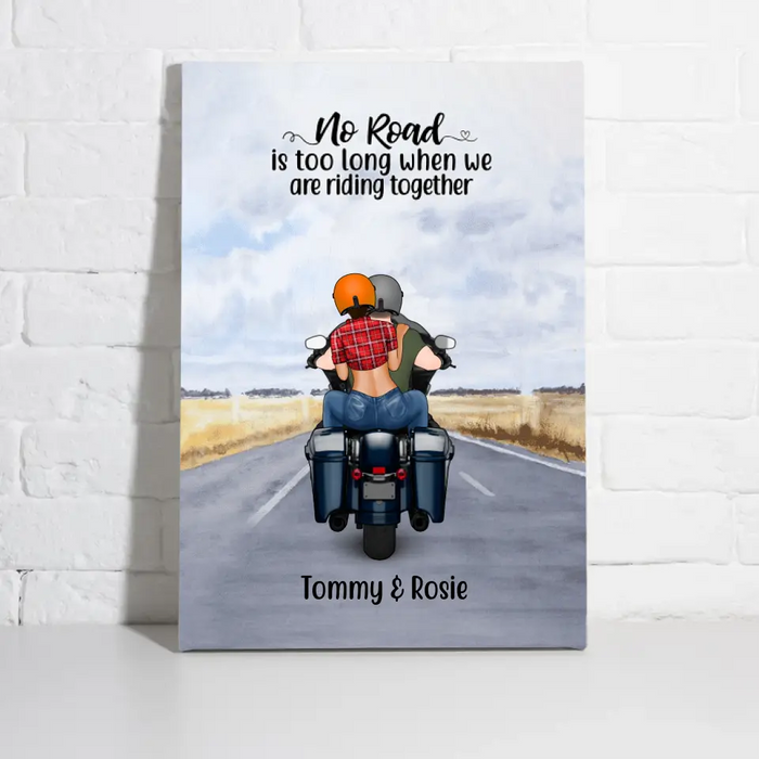 Personalized Canvas, Motorcycle Couple, No Road Is Too Long, Gift For Couple, Biker Couple, Motorcycle Lovers