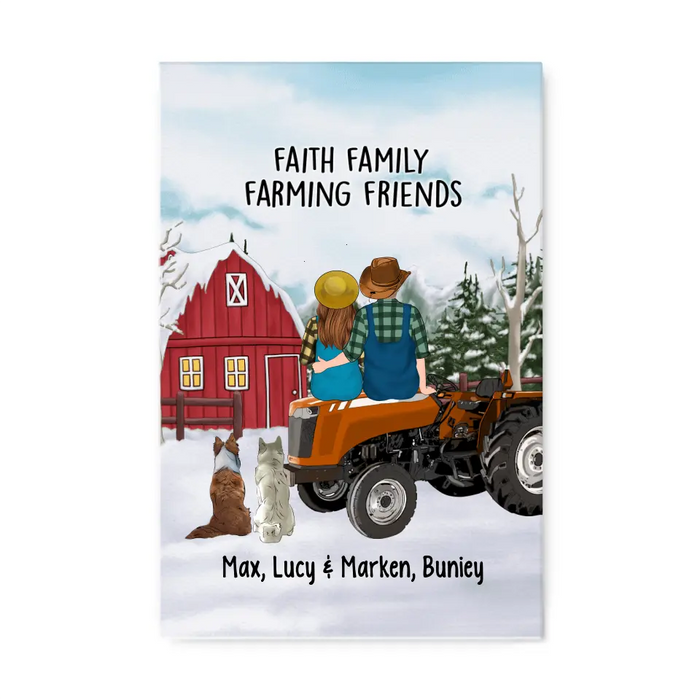 Personalized Canvas/Poster, Farming Couple On Tractor With Dogs, Winter Theme, Gift For Farmers And Dog Lovers