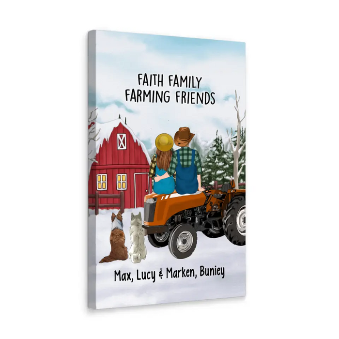 Personalized Canvas/Poster, Farming Couple On Tractor With Dogs, Winter Theme, Gift For Farmers And Dog Lovers