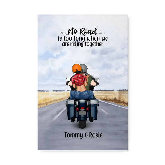 Personalized Canvas, Motorcycle Couple, No Road Is Too Long, Gift For Couple, Biker Couple, Motorcycle Lovers