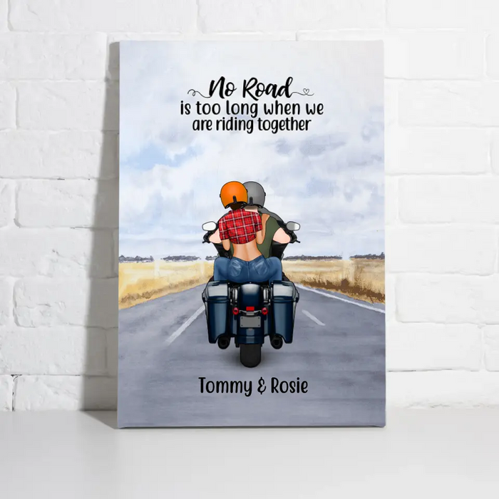 Personalized Canvas, Motorcycle Couple, No Road Is Too Long, Gift For Couple, Biker Couple, Motorcycle Lovers