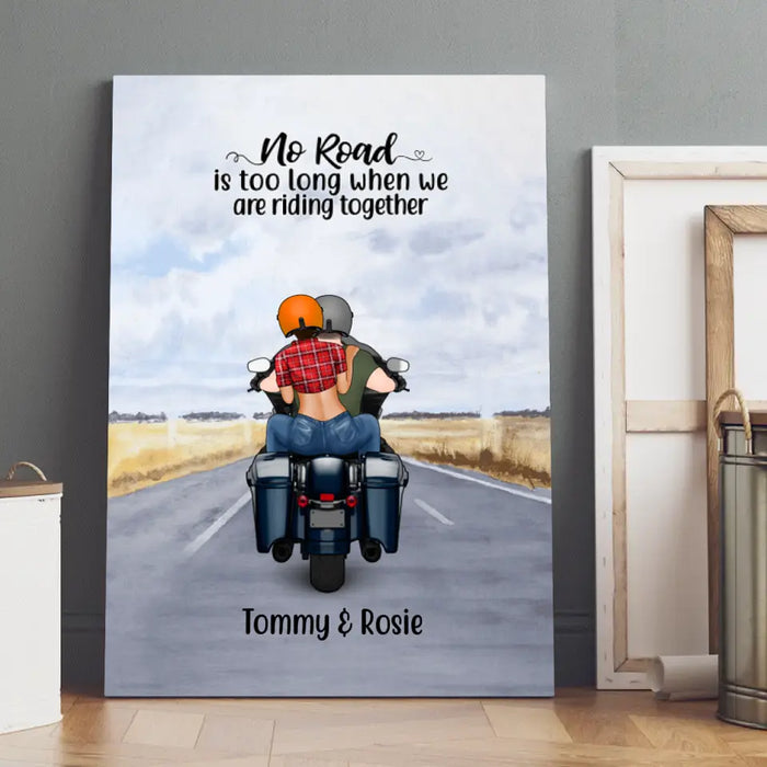 Personalized Canvas, Motorcycle Couple, No Road Is Too Long, Gift For Couple, Biker Couple, Motorcycle Lovers