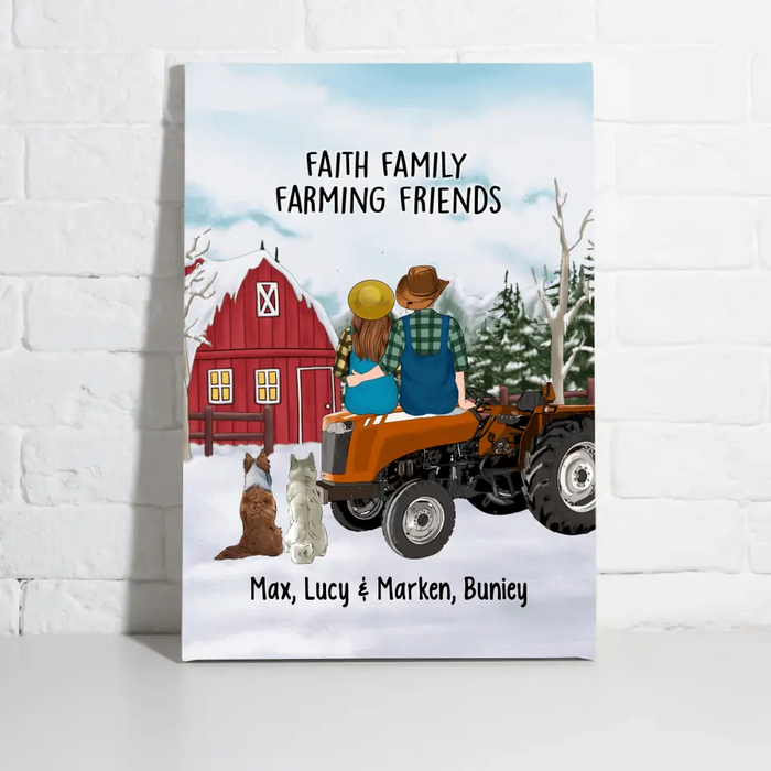 Personalized Canvas/Poster, Farming Couple On Tractor With Dogs, Winter Theme, Gift For Farmers And Dog Lovers