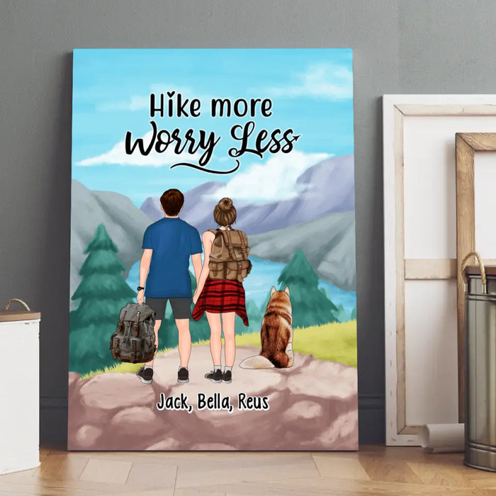 Personalized Canvas, Hiking Couple With Dogs, Gift For Hikers And Dog Lovers