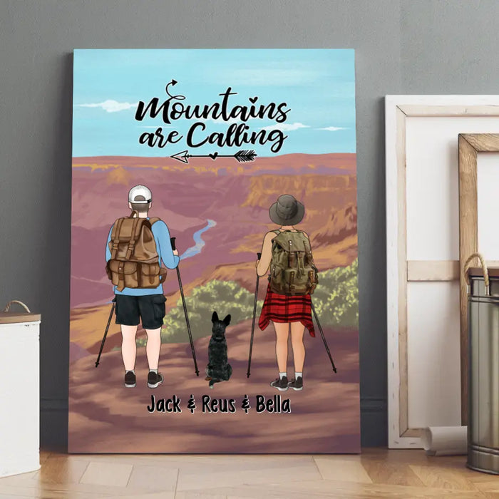 Adventure Awaits Hiking Couple And Dogs - Personalized Canvas For Her, Him, Hiking