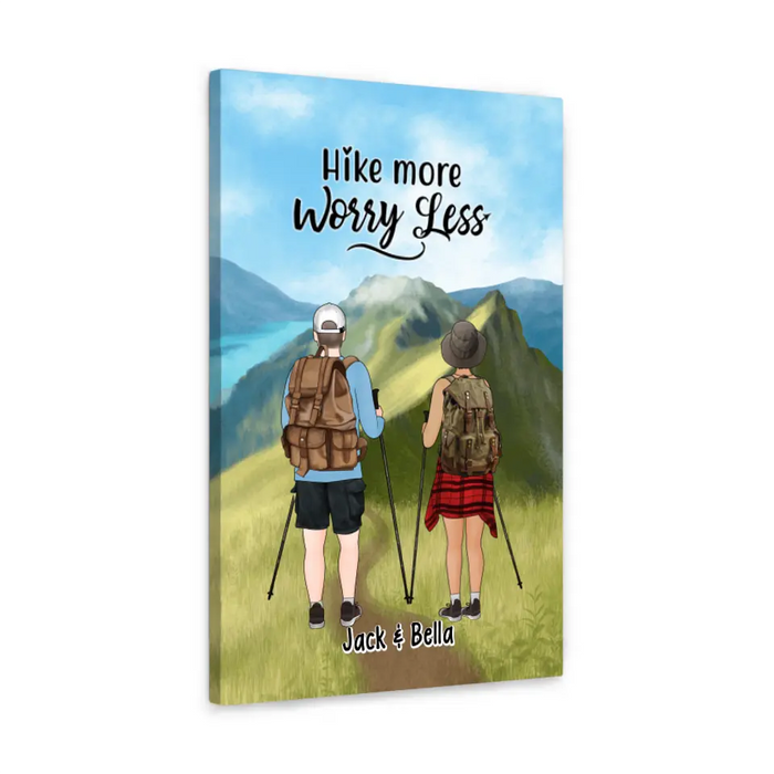 Hike More Worry Less, Hiking Couple And Dogs - Personalized Gifts Custom Hiking Canvas for Couples, Hiking Lovers, Dog Lovers