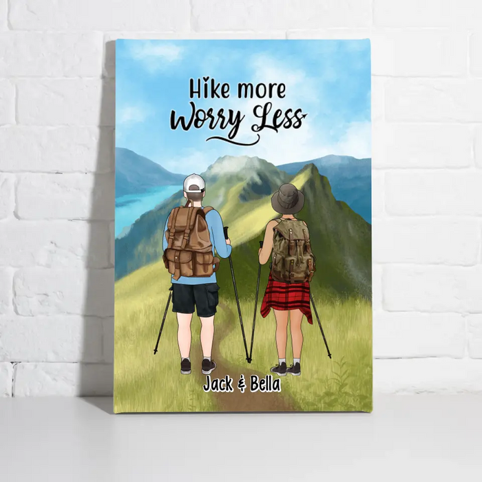 Hike More Worry Less, Hiking Couple And Dogs - Personalized Gifts Custom Hiking Canvas for Couples, Hiking Lovers, Dog Lovers