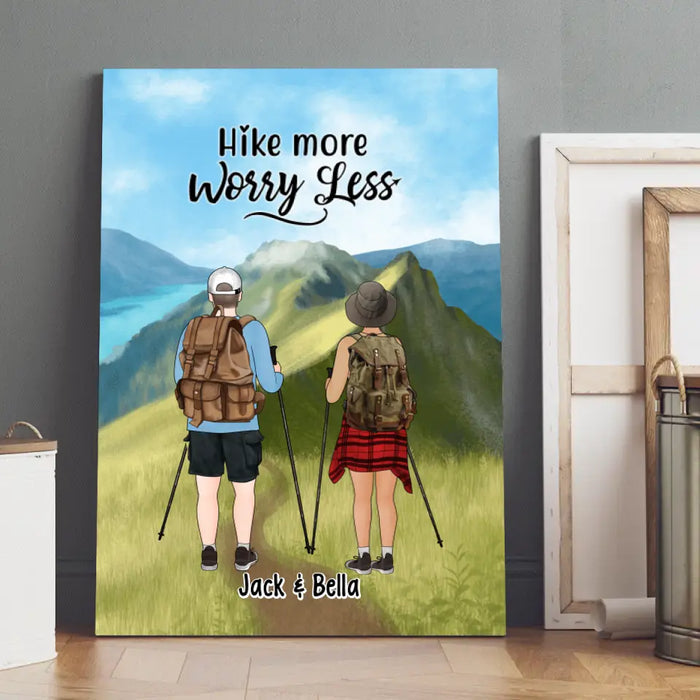 Hike More Worry Less, Hiking Couple And Dogs - Personalized Gifts Custom Hiking Canvas for Couples, Hiking Lovers, Dog Lovers