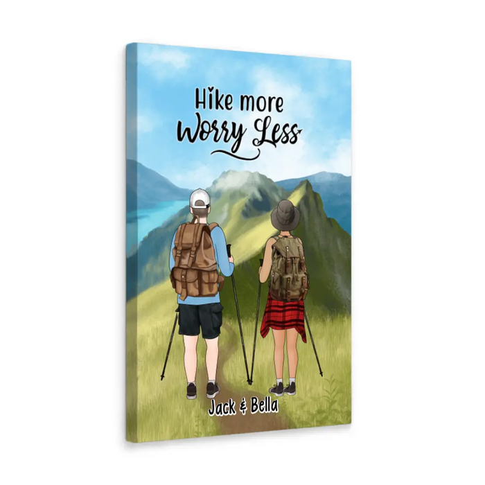 Hike More Worry Less, Hiking Couple And Dogs - Personalized Gifts Custom Hiking Canvas for Couples, Hiking Lovers, Dog Lovers