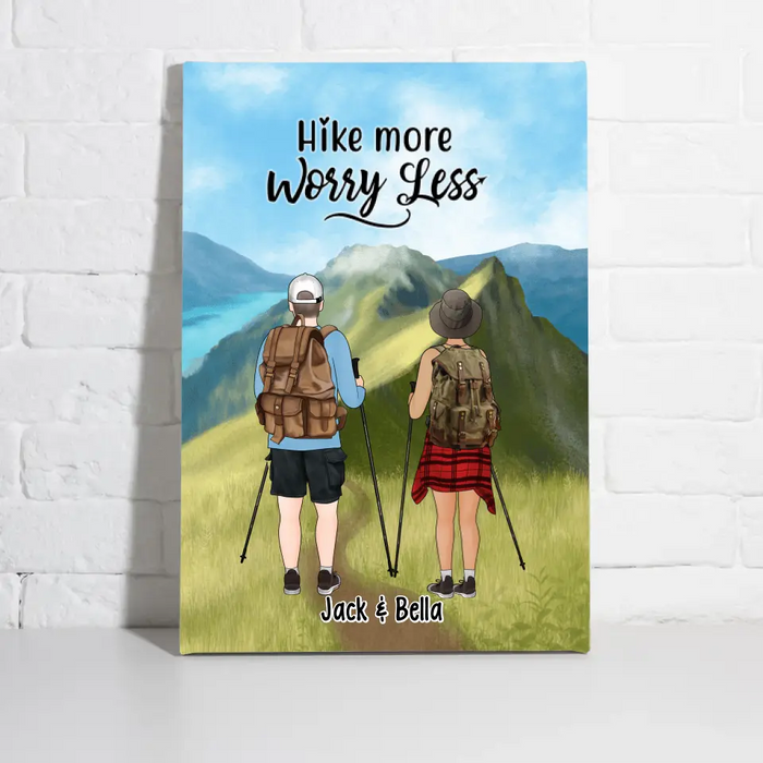 Hike More Worry Less, Hiking Couple And Dogs - Personalized Gifts Custom Hiking Canvas for Couples, Hiking Lovers, Dog Lovers