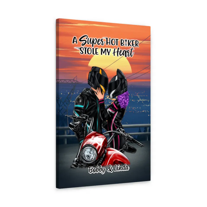 A Super Hot Biker Stole My Heart - Personalized Canvas For Couples, Him, Her, Motorcycle Lovers