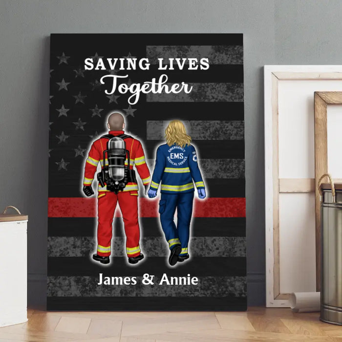 Save Lives Couple Friends - Personalized Canvas Firefighter, EMS, Police Officer, Military, Nurse