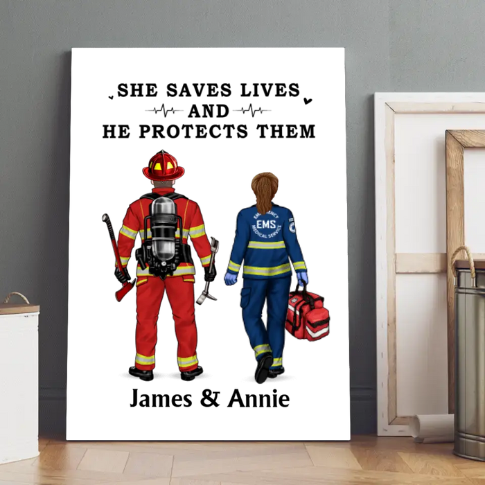 Saving Lives Couple Friends - Personalized Canvas Firefighter, EMS, Police Officer, Military, Nurse