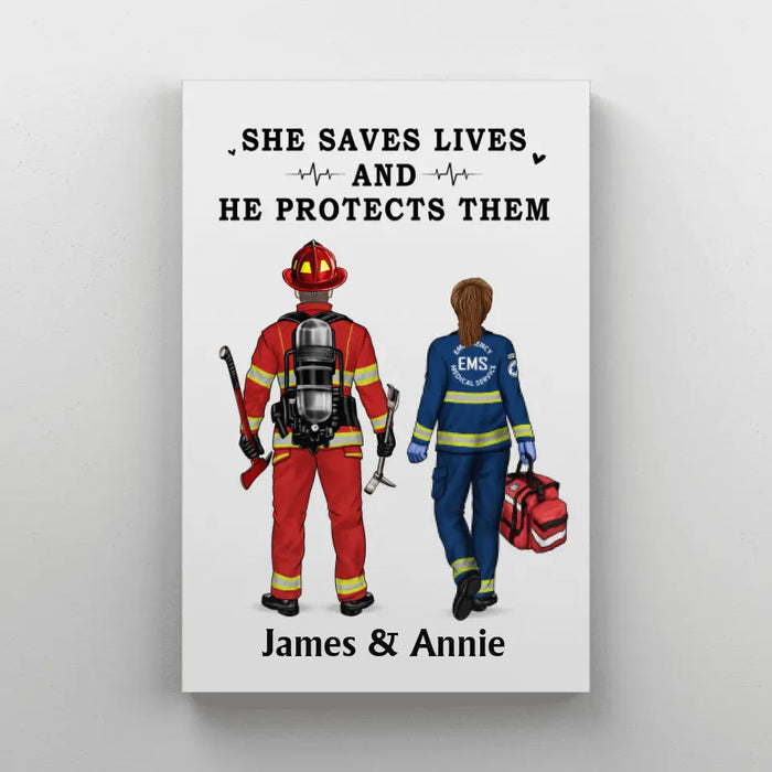 Saving Lives Couple Friends - Personalized Canvas Firefighter, EMS, Police Officer, Military, Nurse