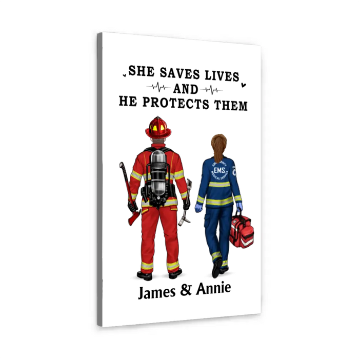 Saving Lives Couple Friends - Personalized Canvas Firefighter, EMS, Police Officer, Military, Nurse