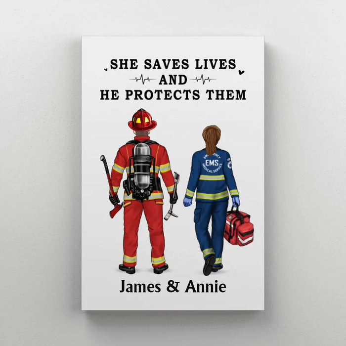 Saving Lives Couple Friends - Personalized Canvas Firefighter, EMS, Police Officer, Military, Nurse