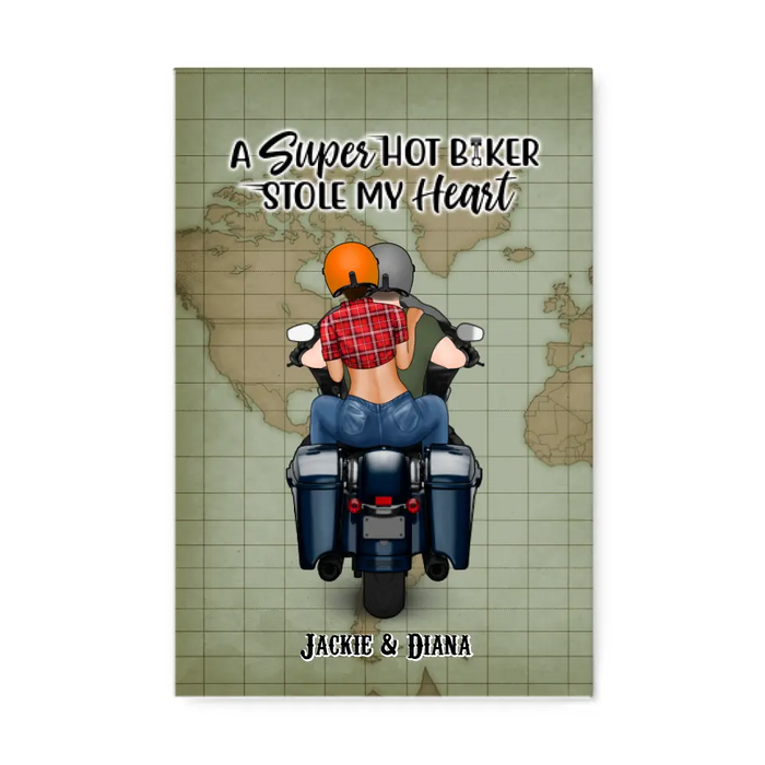 A Super Hot Biker Stole My Heart - Personalized Canvas For Couples, Motorcycle Lovers