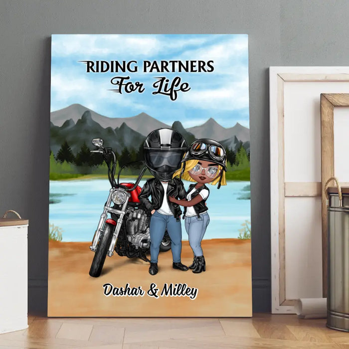 Motorcycle Couple Hugging, Riding Partners - Personalized Canvas For Motorcycle Lovers, Bikers