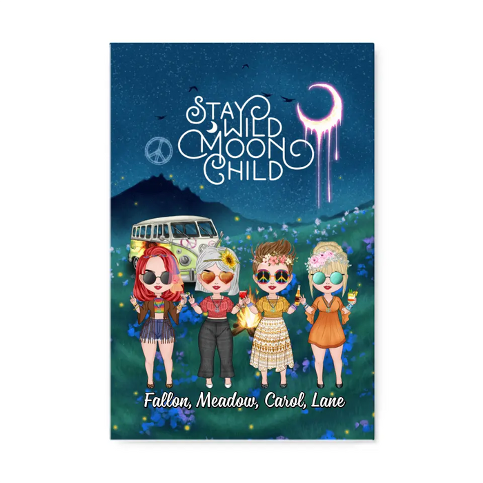 Up To 4 Chibi Stay Wild Moon Child - Personalized Canvas For Her, Friends, Sisters, Hippie