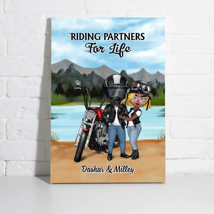 Motorcycle Couple Hugging, Riding Partners - Personalized Canvas For Motorcycle Lovers, Bikers