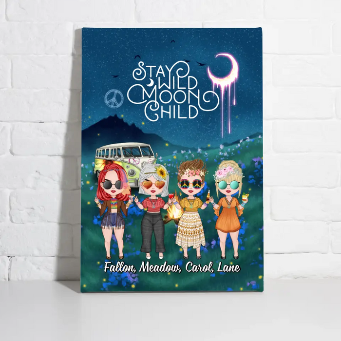 Up To 4 Chibi Stay Wild Moon Child - Personalized Canvas For Her, Friends, Sisters, Hippie