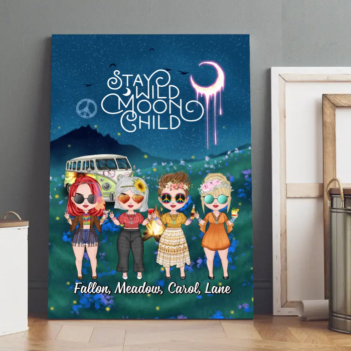 Up To 4 Chibi Stay Wild Moon Child - Personalized Canvas For Her, Friends, Sisters, Hippie