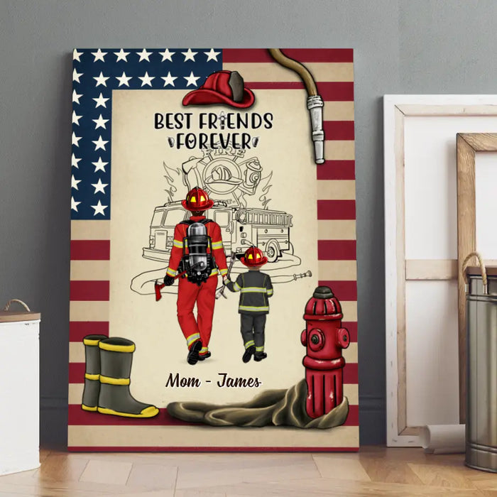 Best Friends Forever Mother & Son Daughter - Personalized Canvas For Firefighter, Fireman