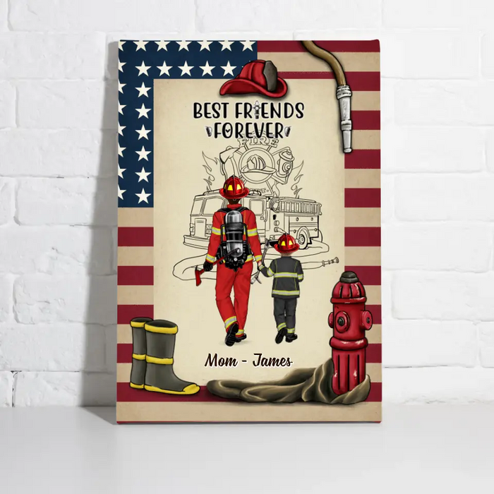 Best Friends Forever Mother & Son Daughter - Personalized Canvas For Firefighter, Fireman