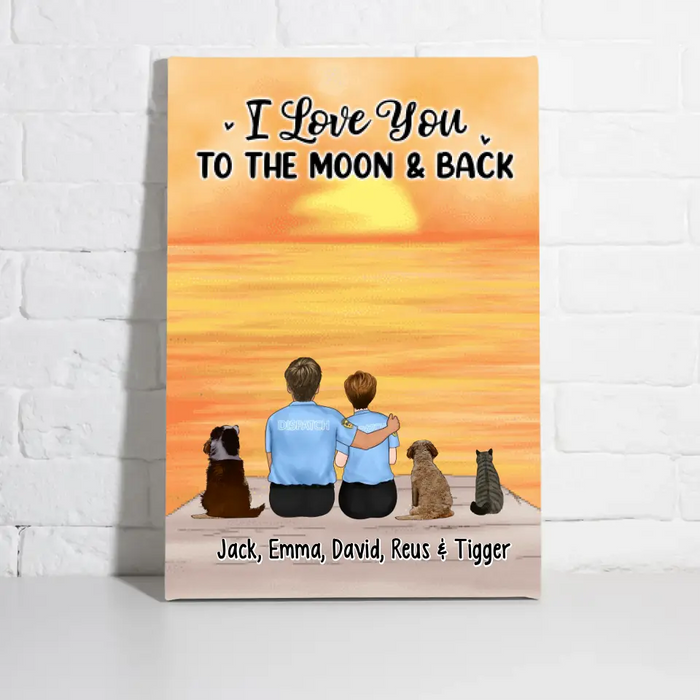 I Love You to the Moon and Back, Couple with Dog/Cat - Personalized Gifts Custom Canvas for Couples, Nurse Gifts, Police Officer Gifts