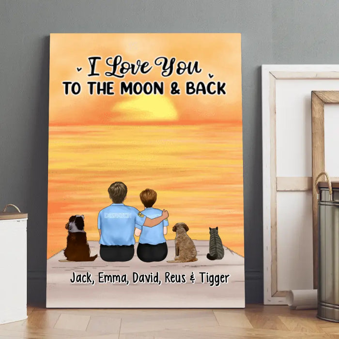 I Love You to the Moon and Back, Couple with Dog/Cat - Personalized Gifts Custom Canvas for Couples, Nurse Gifts, Police Officer Gifts