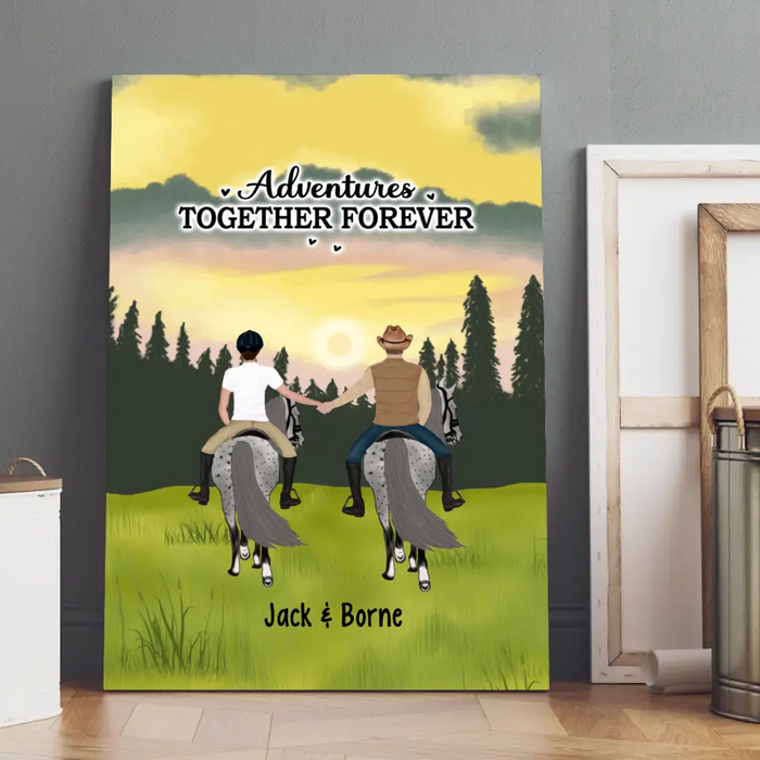 Adventures Together Forever Holding Hands Riding Horseback - Personalized Gifts Custom Horse Canvas For Couples, Horse Lovers