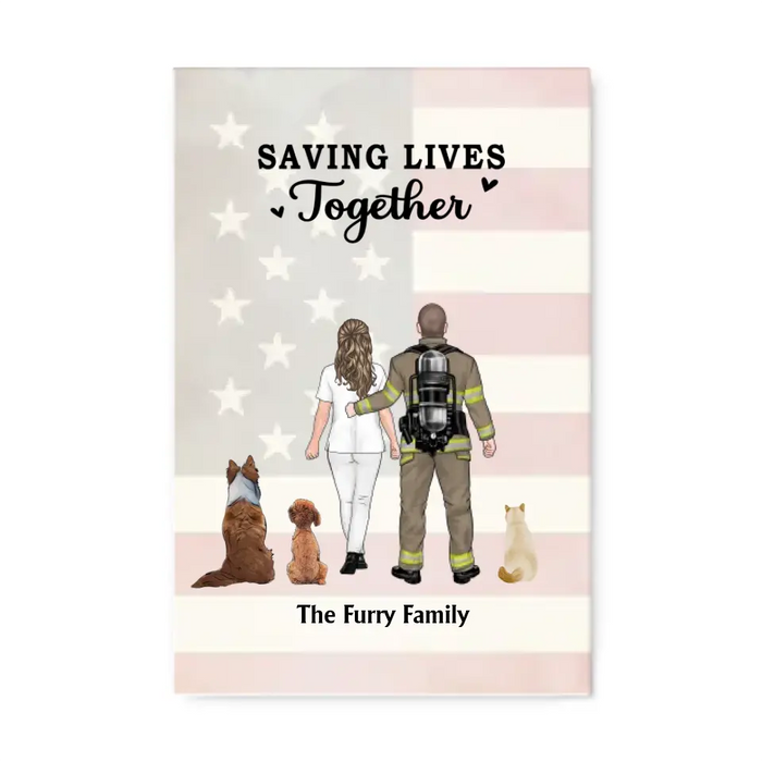 Saving Lives Together - Personalized Gifts Custom Dog Canvas For Firefighter Nurse Police EMS Couples, Dog Lovers