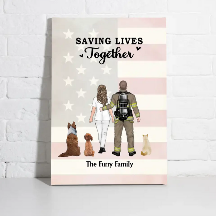 Saving Lives Together - Personalized Gifts Custom Dog Canvas For Firefighter Nurse Police EMS Couples, Dog Lovers