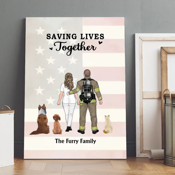 Saving Lives Together - Personalized Gifts Custom Dog Canvas For Firefighter Nurse Police EMS Couples, Dog Lovers