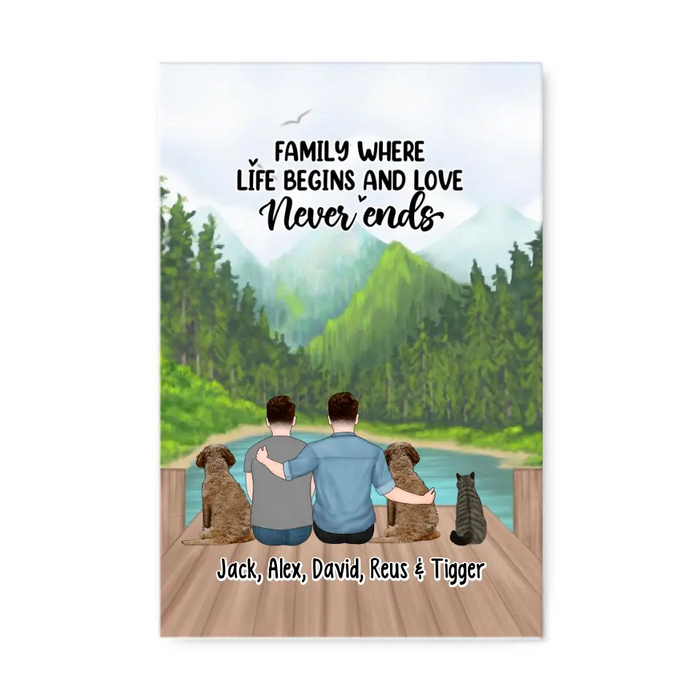 Family Where Life Begins And Love Never Ends - Personalized Gifts Custom Dog Canvas for Couples, Two Men With Dogs Cats