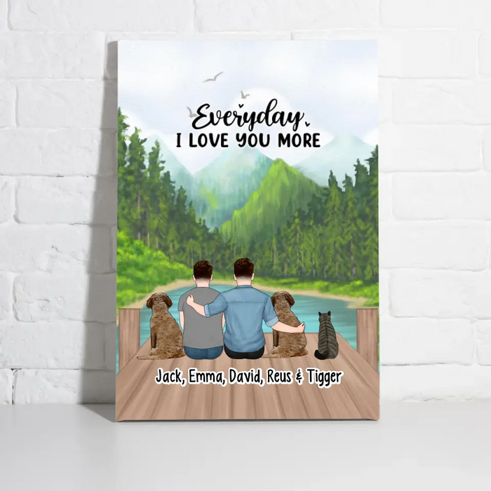 Family Where Life Begins And Love Never Ends - Personalized Gifts Custom Dog Canvas for Couples, Two Men With Dogs Cats