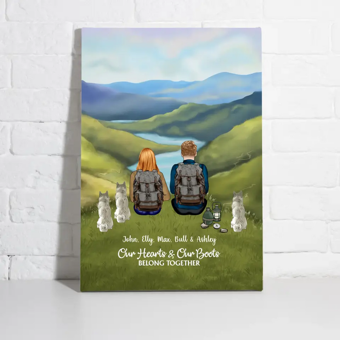 Our Hearts and Our Boots Belong Together - Personalized Gifts Custom Hiking Canvas for Couples, Gift For Hiking Lovers, Dog Lovers