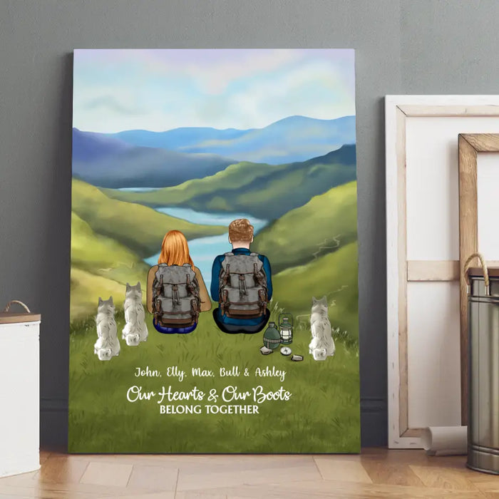 Our Hearts and Our Boots Belong Together - Personalized Gifts Custom Hiking Canvas for Couples, Gift For Hiking Lovers, Dog Lovers