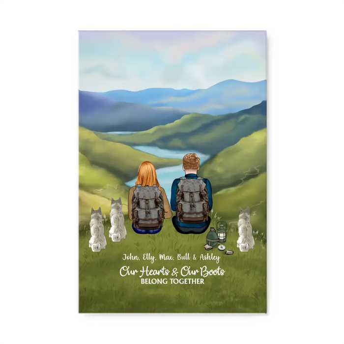 Our Hearts and Our Boots Belong Together - Personalized Gifts Custom Hiking Canvas for Couples, Gift For Hiking Lovers, Dog Lovers