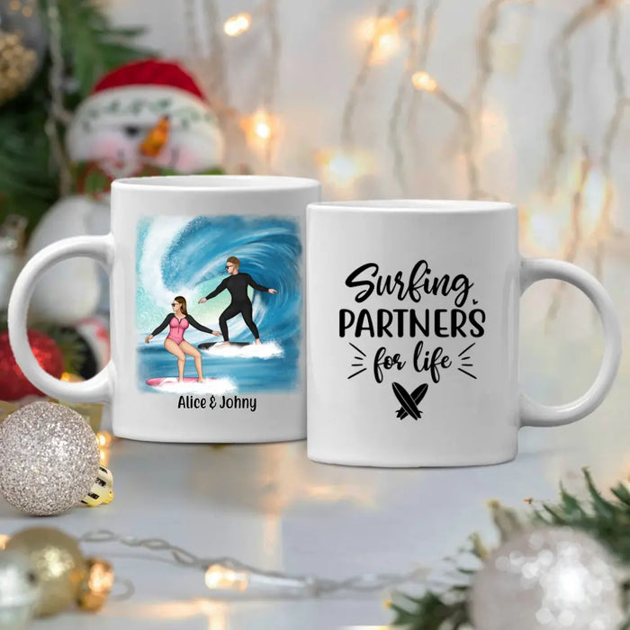 Personalized Mug, Surfing Couple Sideview Custom Gift For Surfers