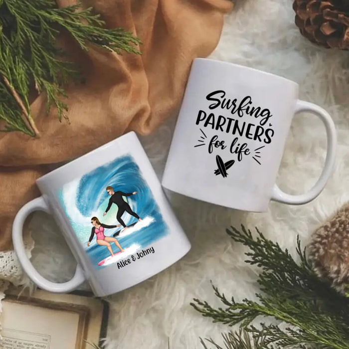 Personalized Mug, Surfing Couple Sideview Custom Gift For Surfers