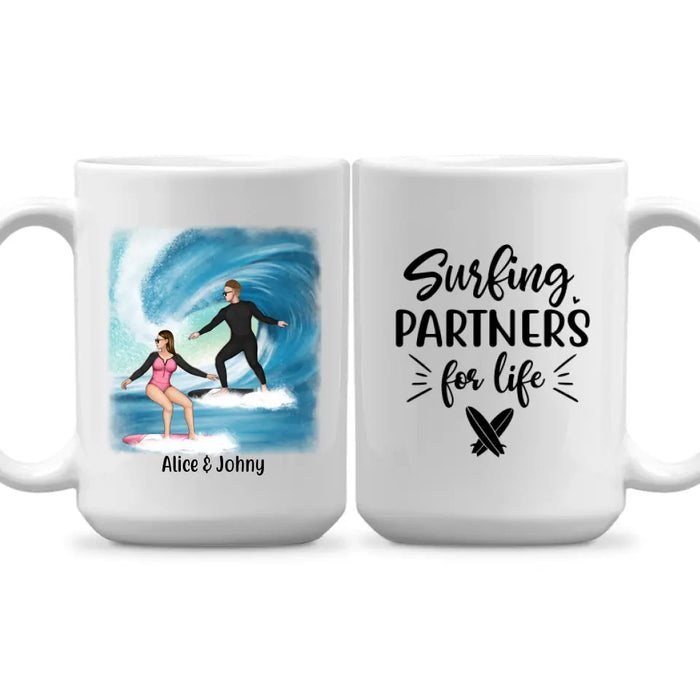 Personalized Mug, Surfing Couple Sideview Custom Gift For Surfers