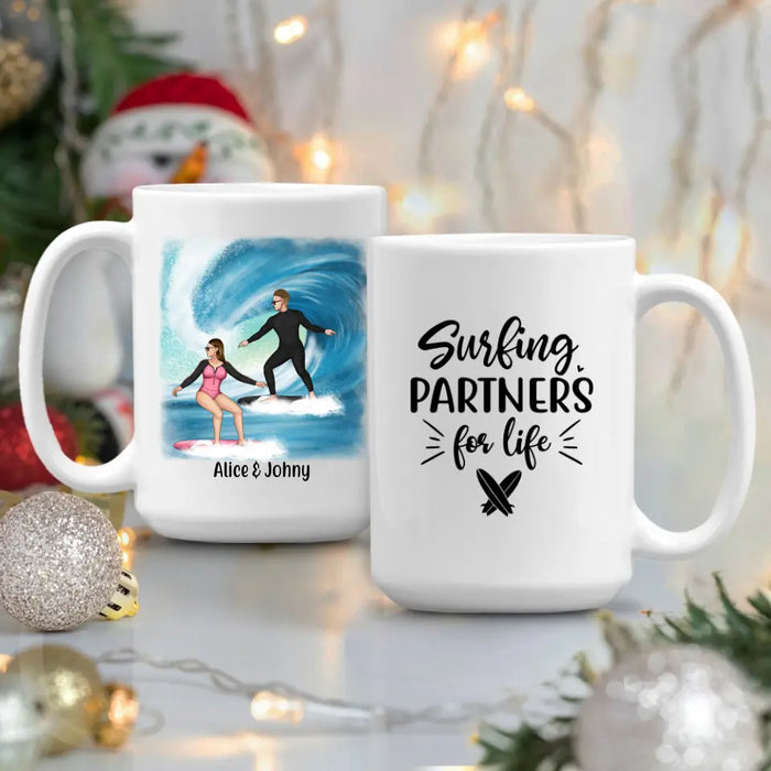 Personalized Mug, Surfing Couple Sideview Custom Gift For Surfers