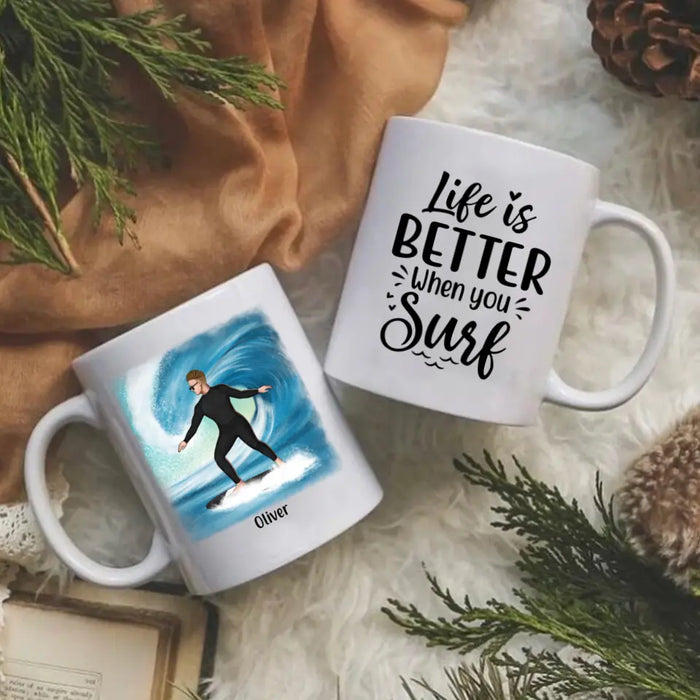 Personalized Mug, Surfing Solo Man And Woman Custom Gift For Surfers