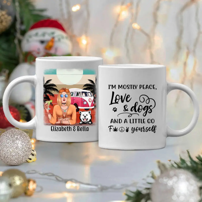 Personalized Mug, Hippie Girl and Dogs Custom Gift For Dog and Hippie Lovers